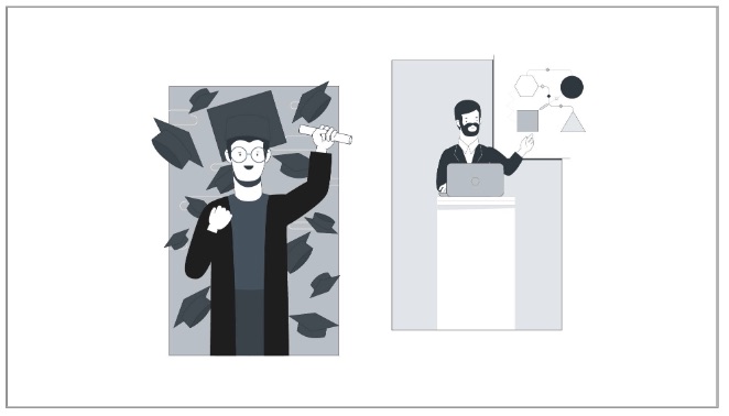 Campus Animated Explainer Sketch kid graduating and man giving presentation